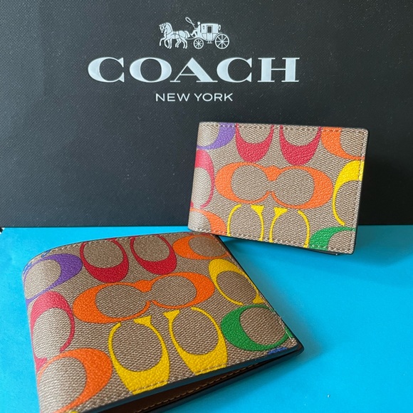 NWT Coach 3 In 1 Wallet In Rainbow Signature Canvas Gunmetal/Khaki Multi - Picture 8 of 8